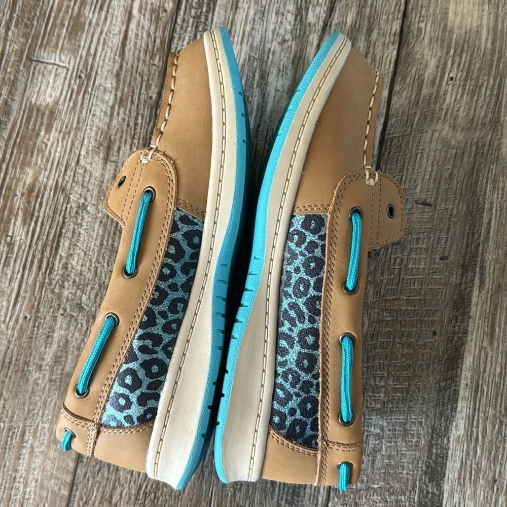 AUSTIN TRADING Company BOAT SHOES Slip On Tan TEAL LEOPARD Girls Size 5D